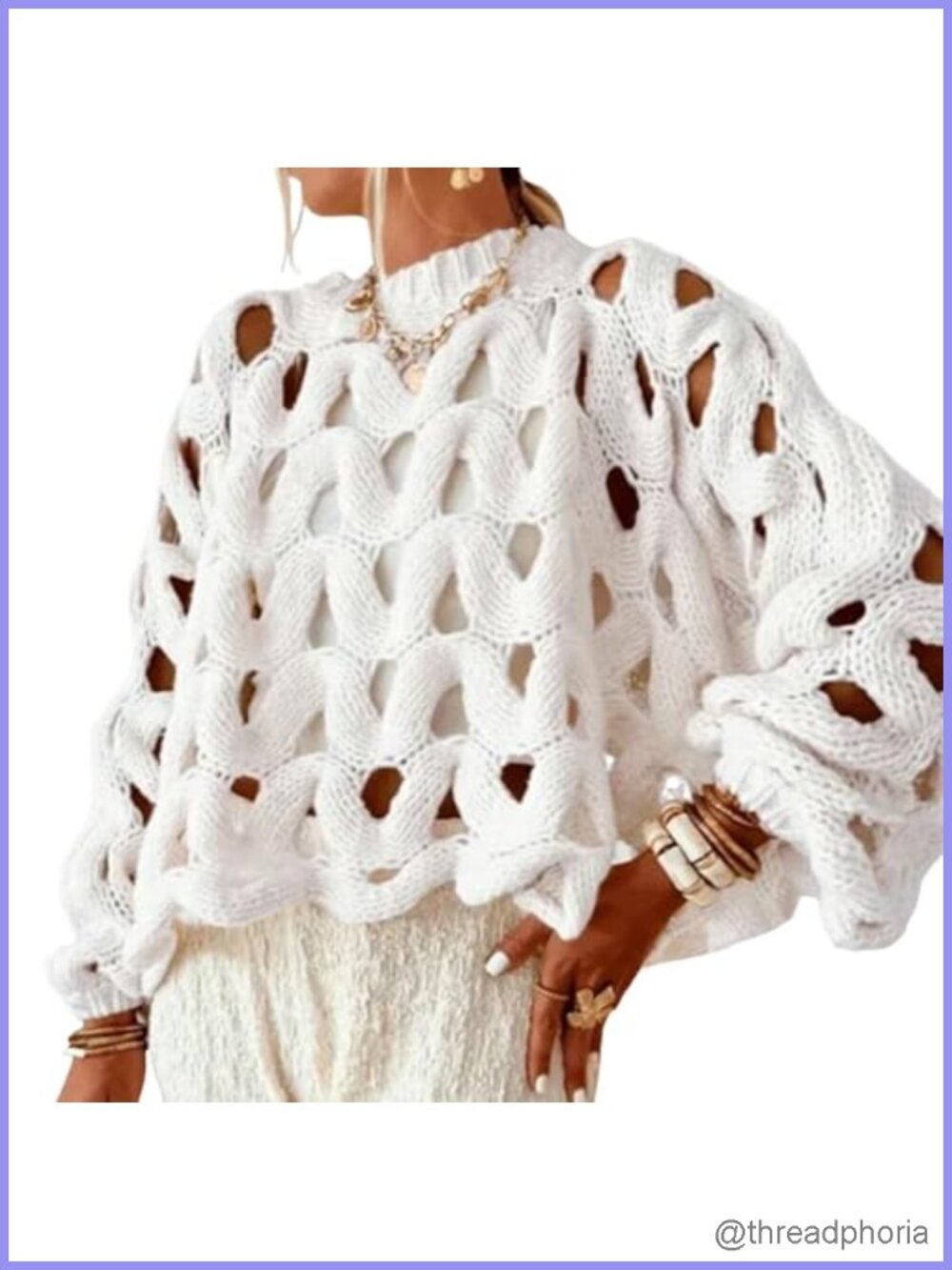 Women's Crochet Hollow Out Oversized Sweater, Chunky Knit Crew Neck Pullover